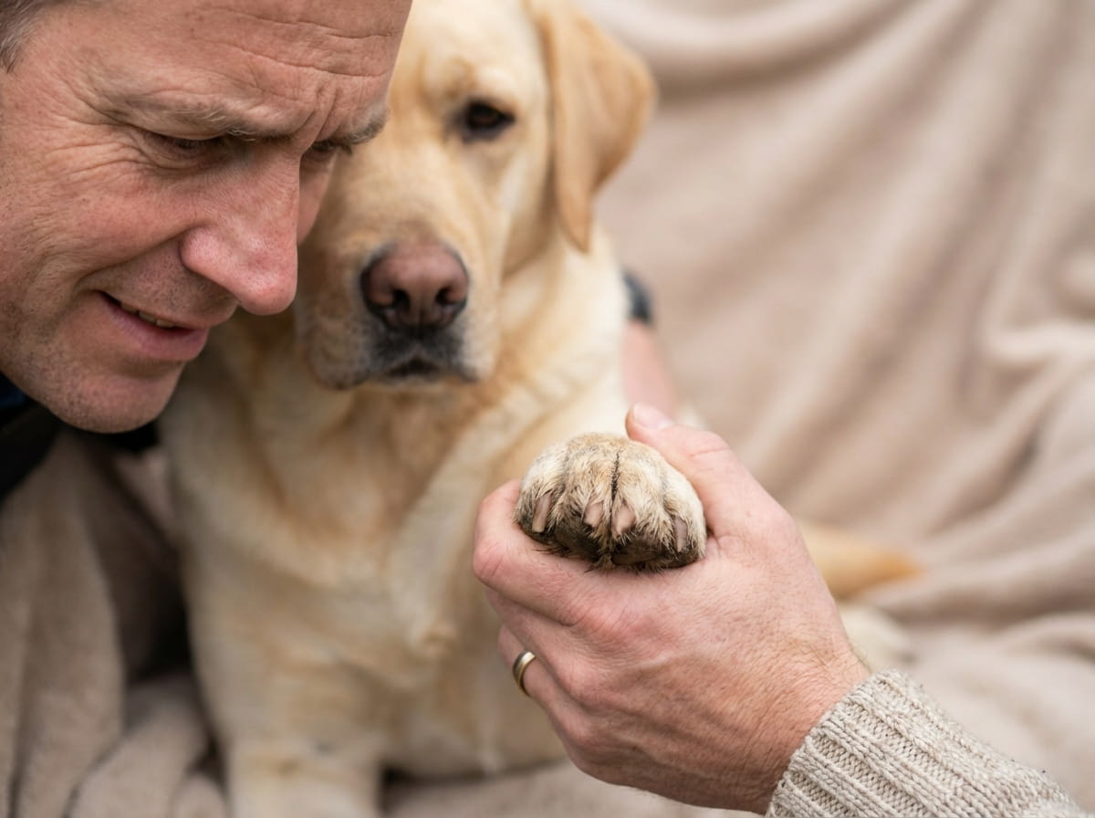 Dog owner inspect his dog paw itch relief safe